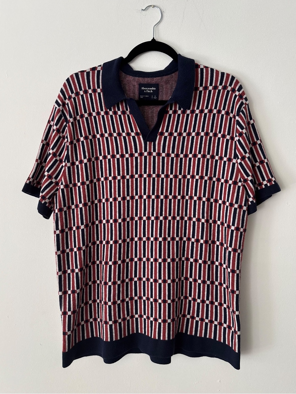 Abercrombie & Fitch Mens L Red Navy Geometric Knit Polo Sweater Short Sleeve